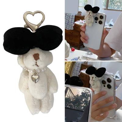 Bear Plush Keyring with Colorful Bowknot Animal Pendant Cellphone Charm Ornament Elegant Key Ring for Women and Kids