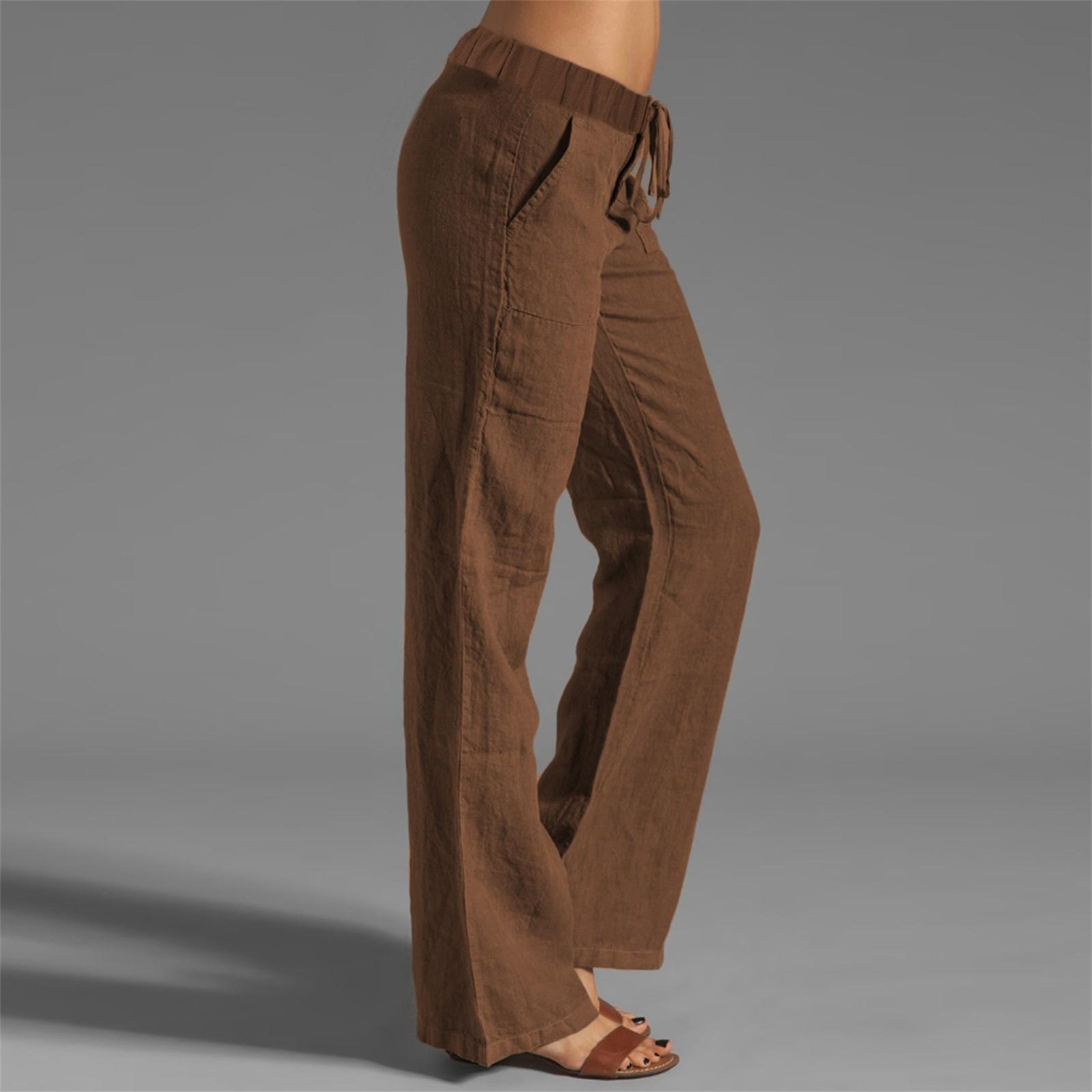 Женские хлопковые льняные брюки, летние повседневные свободные расклешенные брюки на шнурке с карманами XL коричневый