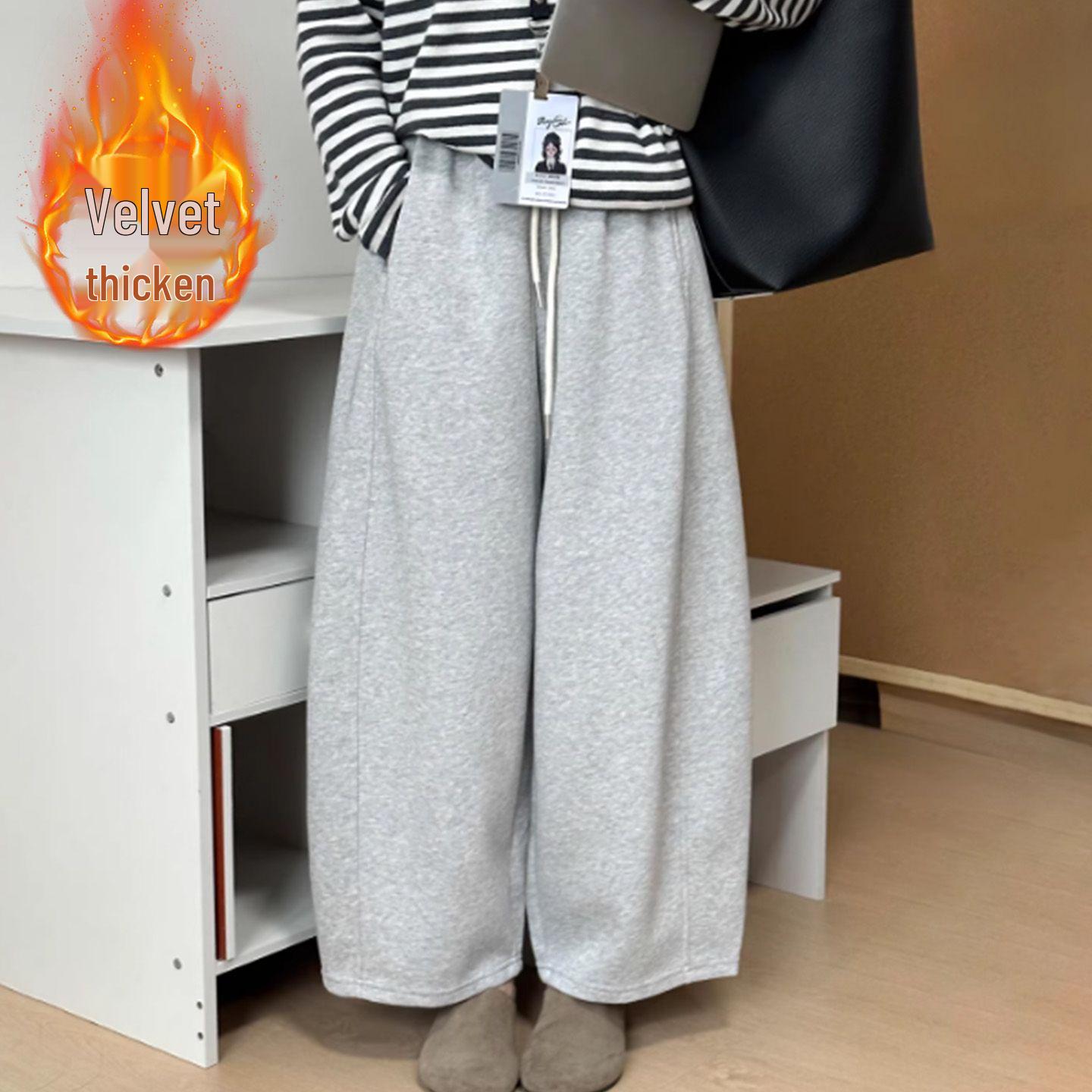Women s Gray Plus Velvet Scimitar-Style Slimming Cropped Pants - Thick, Loose Fit for Autumn/Winter L