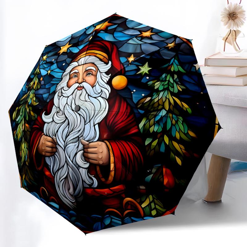 1pc Sturdy 8-Bone Auto Umbrella, Santa Claus Umbrella, Digital Printed, Foldable Umbrella for On-the-Go Outdoor Use
