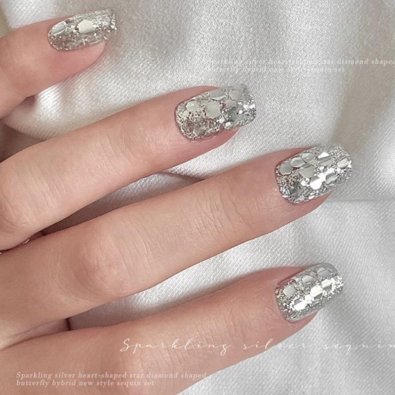 1 Jar Shiny Silver Sequins Mix Shapes Starlight Love Butterfly Star Slice Nail Art Stickers Decals Manicure Paillette Charms