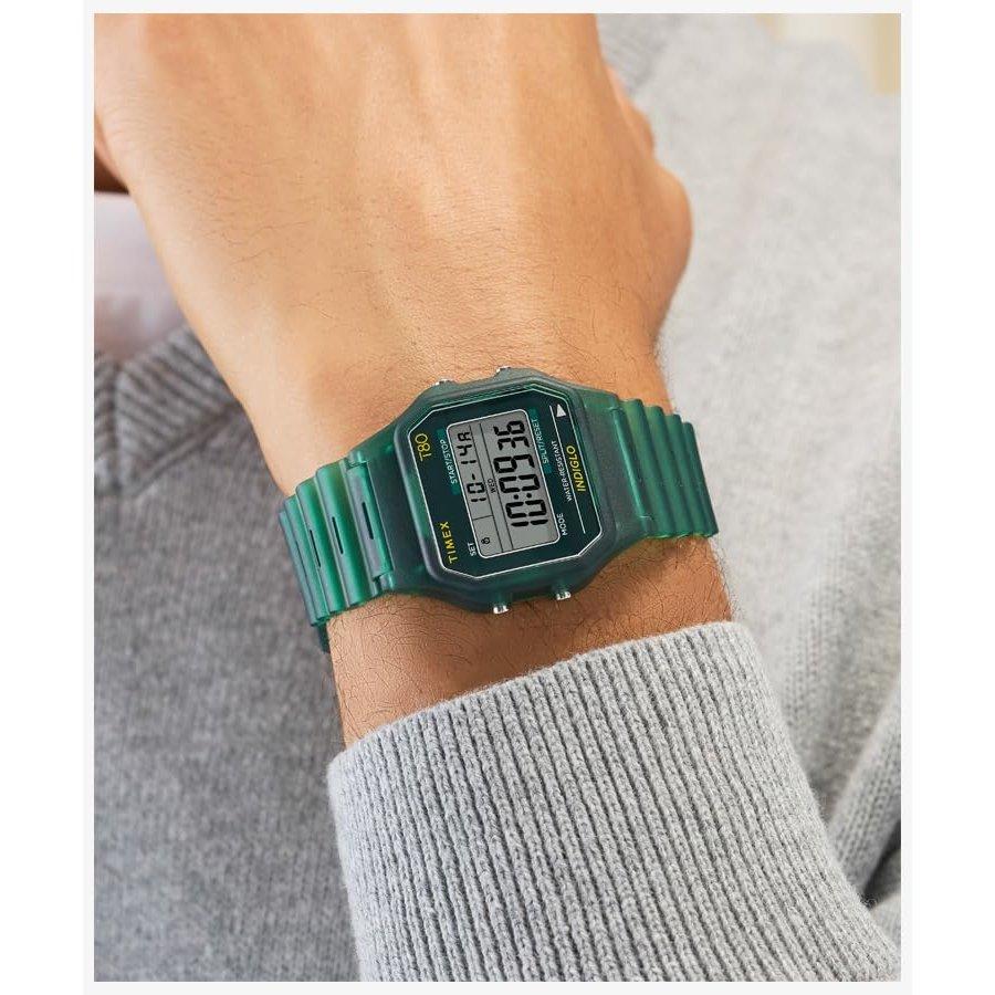 TIMEX T80 Digital Quartz Watch 30M Water Resistant Acrylic Green Dial Unisex Wristwatch TW2Y34100