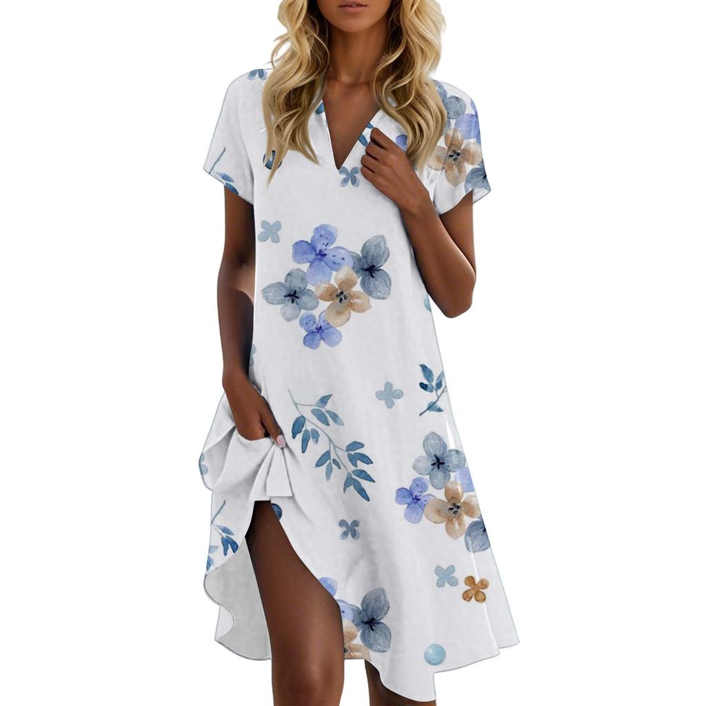 Women's Casual Fashion Stand Collar Floral Print Short Sleeve Dress