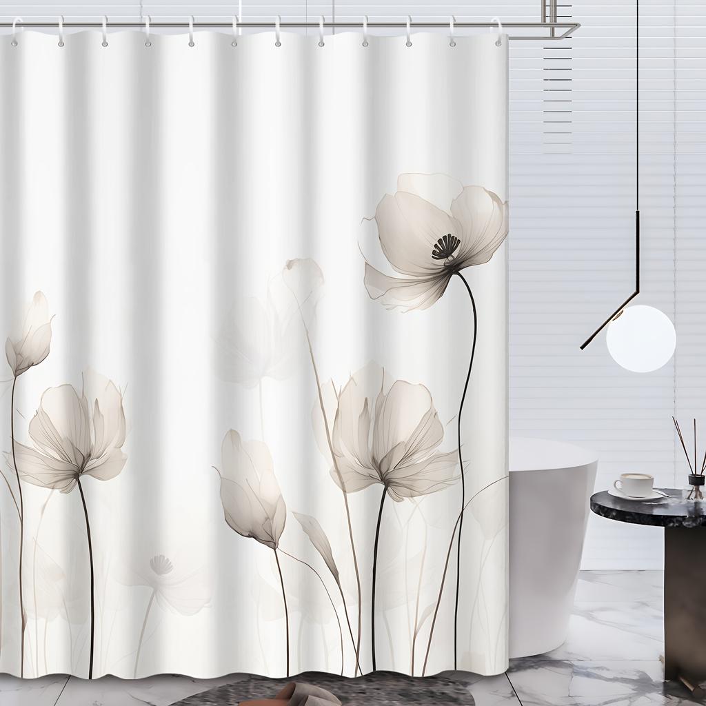 1pcs White Gray Simple Hand Painted Floral Print Shower Curtain for Hotel, Apartment Bathroom, Tapestry Wall Hanging Decoration