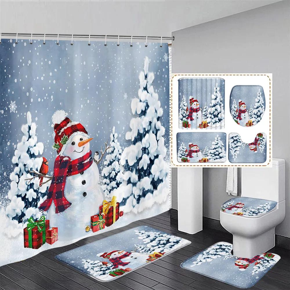 Red Christmas Shower Curtain Set Green Pine Branches Rope Ball Winter New Year Xmas Bathroom Decor Rug Bath Mat Toilet Lid Cover