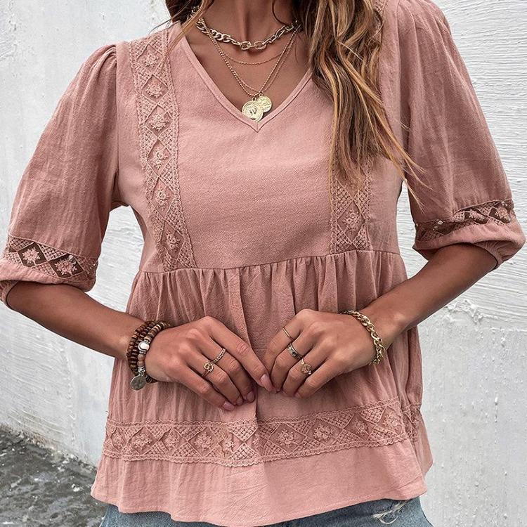Women Casual Summer Short Sleeve V Neck Blouse Shirt Pink Cotton Linen