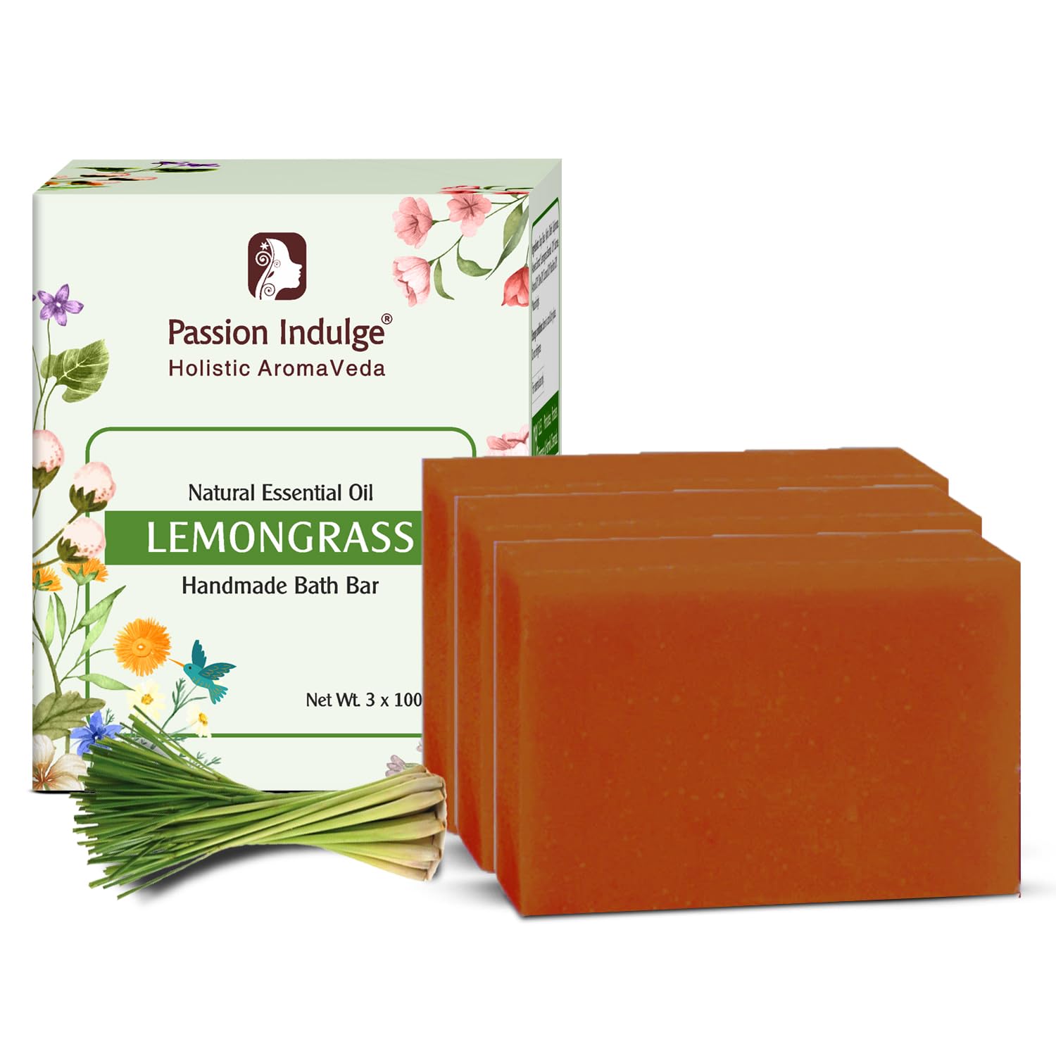 Passion Indulge Lemongrass Handmade Bath Bar Soap (100 Gram Pack of 3) | Refreshing & Deep Cleansing | Natural Herbal Soap with Lemongrass Essentia