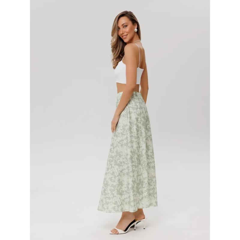 Damen Midi-Rock mit Print, Elastischer High-Waist Fließender A-Linien-Rock