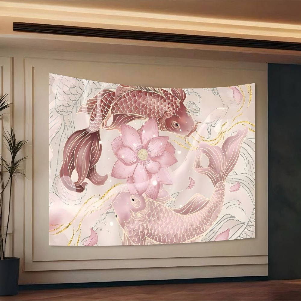 

VIKAMA Koi and Lotus Tapestry New Chinese Style Living Room Tea Room Wall Hanging ZenInspired Room Decoration 74x94cm(29x37in)
