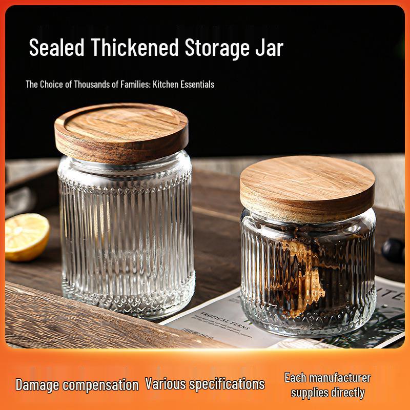Large Glass Storage Jar with Striped Wooden Lid, Airtight & Food-Grade, Round Transparent Chinese Kitchen Collectible