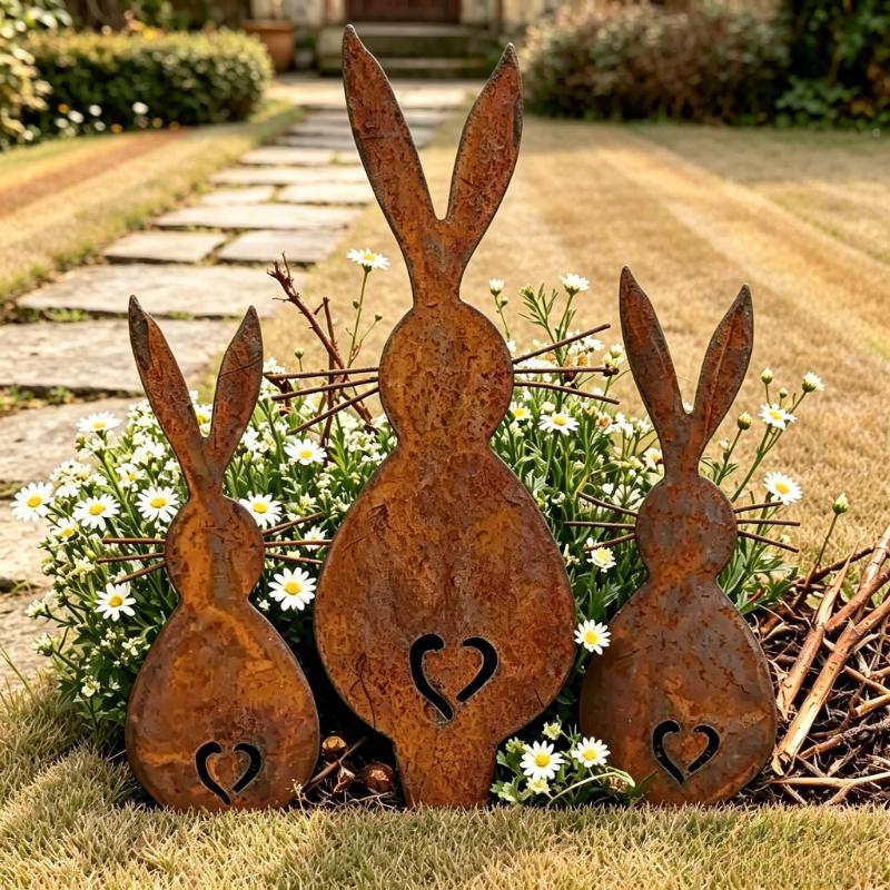 3 Stück rustikale Metall-Hasen-Gartenspieße Verwitterte Silhouette Hofkunst Dekorative Außenornamente für Rasen und Blumenbeete
