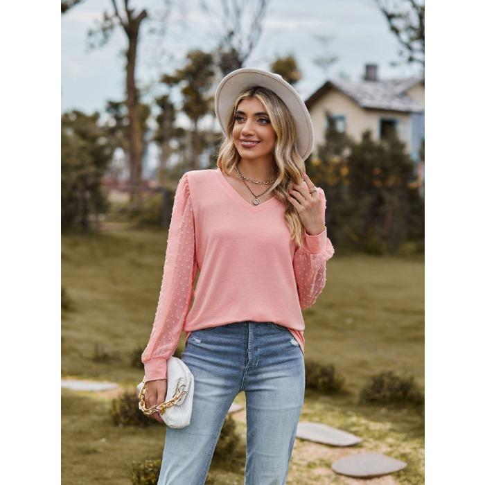 Jarní a podzimní dámská halenka Tričko s dlouhým rukávem Jednobarevné Výstřih do V Jednoduché Topy ze síťoviny