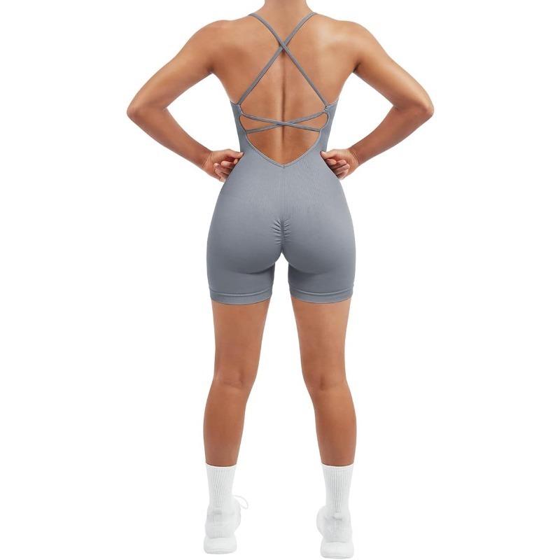 Women Strappy Romper Seamless Jumpsuit Tummy Control Padded Sports Bra