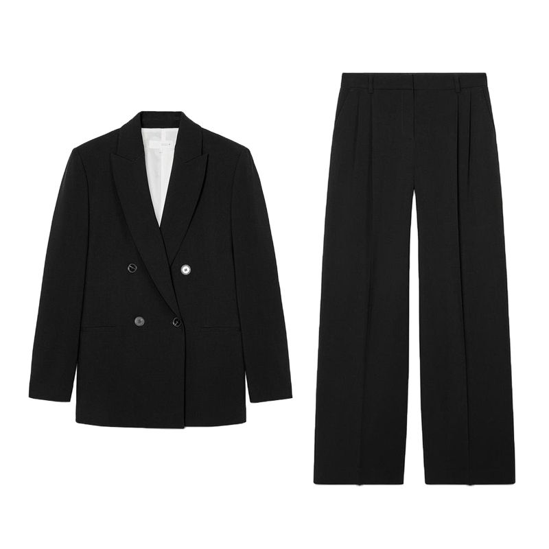 With Padded Shoulder Lapel Long Sleeve Suit Coat 2129095 Pleated Wide Leg High Waist Casual Trousers 2125095