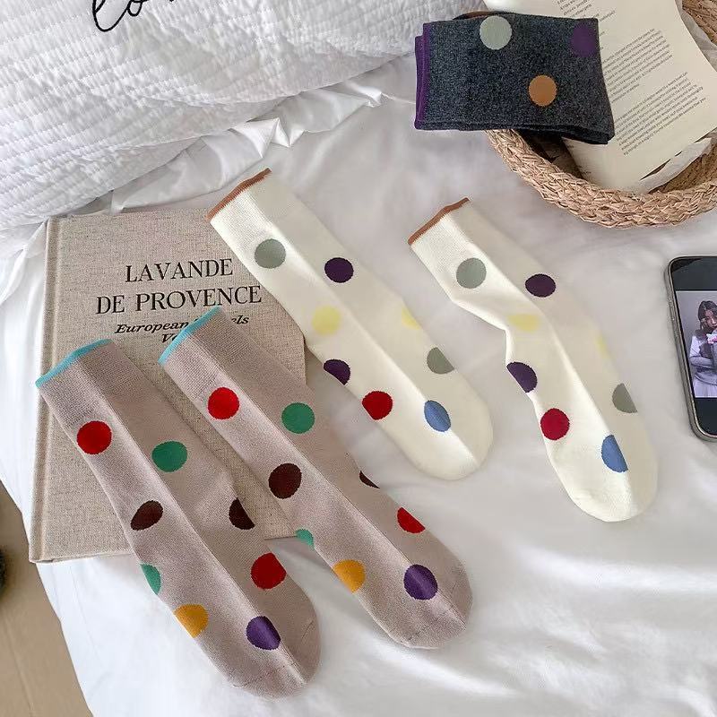 Colorful Polka Dot Color-blocked Socks for Women, Breathable and Comfortable Cotton Socks, Simple and Cute, Versatile, School Style, Pile Pile Socks