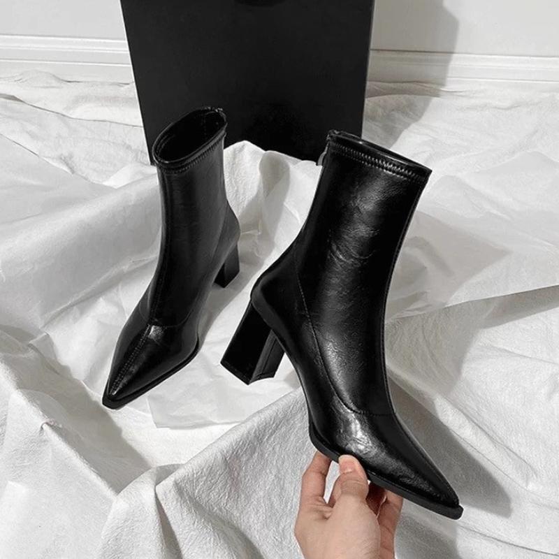 Fashion Autumn Winter Vintage Thick Heel Slim Ankle Boot Women Fashion Pointed Toe Stripper Party Modern Short Botas Para Mujer