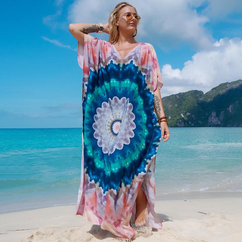 Kaftan Beach Dress Rayon Women Boho Colorful Printed Plus Size Maxi Summer Bathing Suit Cover Up
