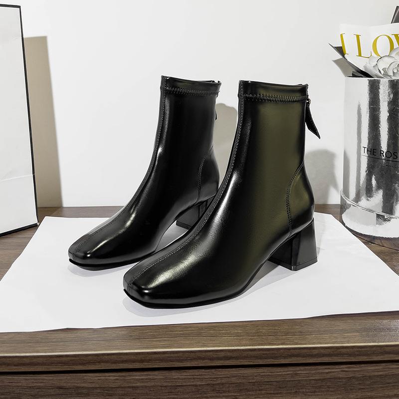 Square head short boots women's thick heel 2025 new autumn and winter high heel medium tube women's boots brown thin French short boots
