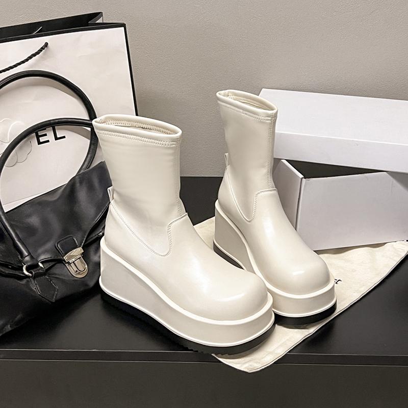 

Модные новые женские ботильоны на толстой подошве, дизайнерские туфли на платформе и каблуке, осенне-зимние, облегающие, современные короткие ботильоны 35 бежевый