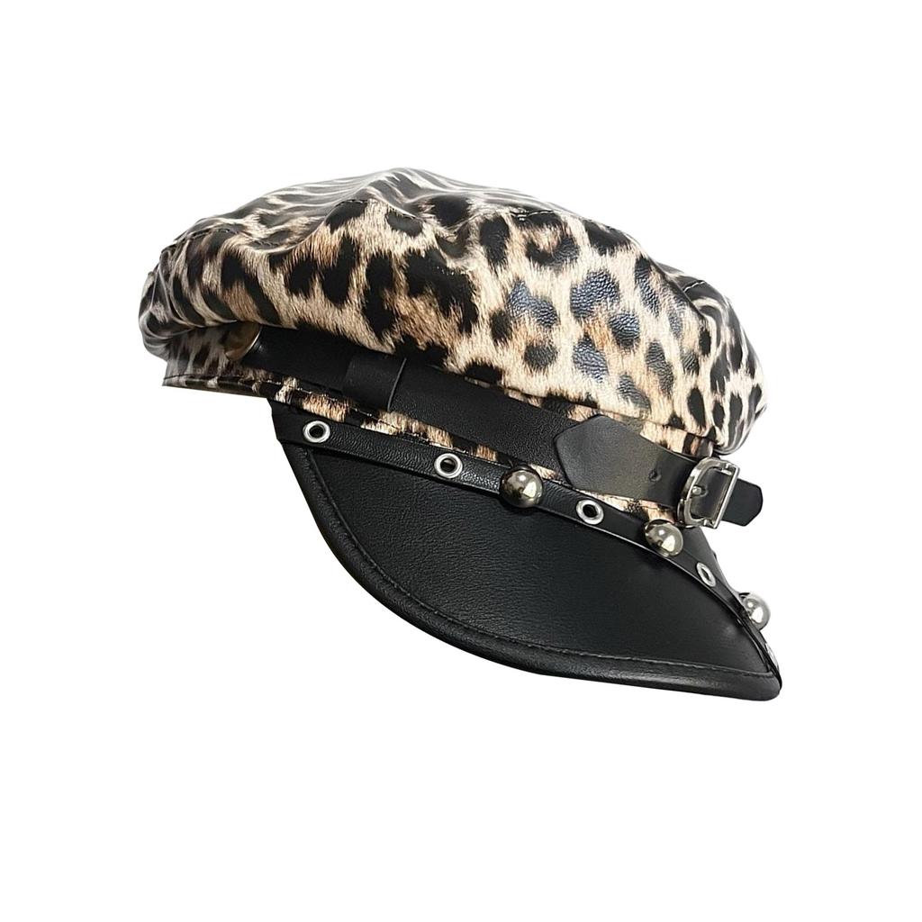 Leopards Print Studded Hat Buckles Trendy Hat Women Stylish Octagonal Hat for Trendy Women