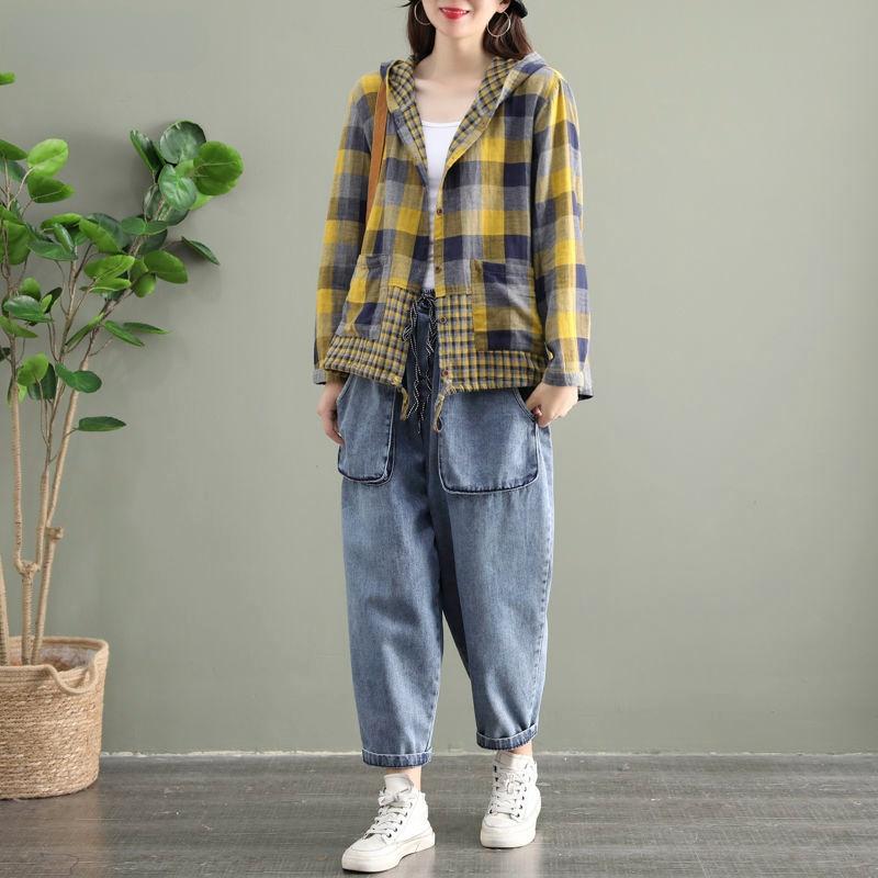 Plaid Shirts Chic Women Hooded Pockets Casual Allmatch Warm Spring Popular Streetwear Vintage Daily Collage