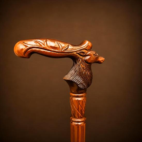 Reindeer Walking Stick  Hand Carved Wooden Reindeer Cane, Rustic Deer Handle Walking Cane, Vintage Woodland Gift for Men & Collectors