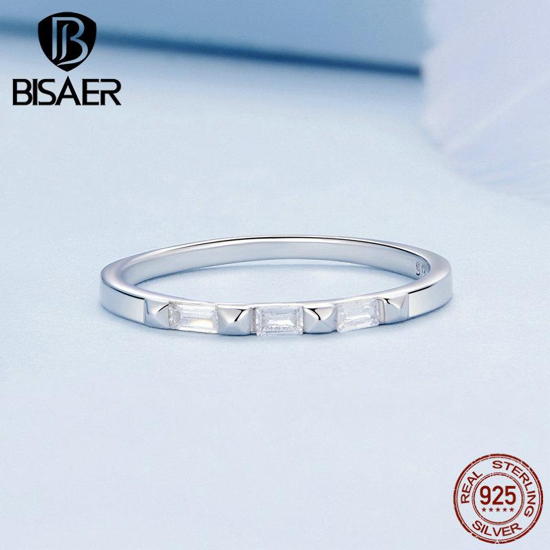 Bisaer 925 Sterling Silver čtvercový zirkonový nýtový pásek Minimalistický věčný prsten pro ženy Dárek jemné šperky