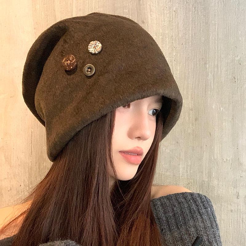 Korean Style Fashionable Woolen Hat: Handmade Buttoned Autumn/Winter Versatile Slouchy Head Covering One Size кофейный