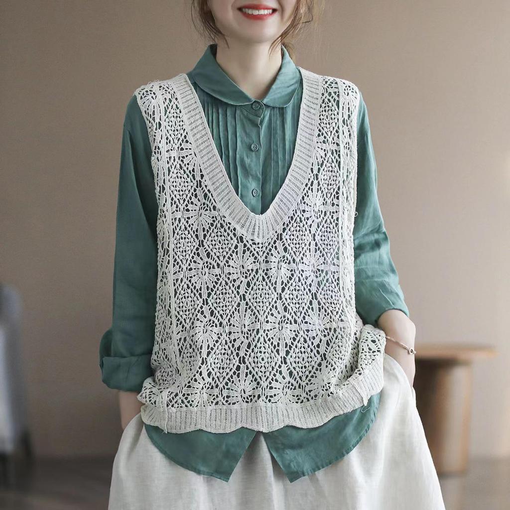 Women's Retro Knitted Sleeveless Cardigan: Hollow Out Vest for Spring, Summer, and Autumn - Loose Plus Size Fashion Top