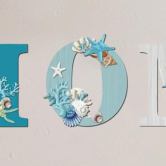 4 Pcs Rusic Wood Home Sign Beach Style HOME Cut Out Word Sign with Starfish Shell Coral Design Coastal Ocean Theme Wall Art for Living Room Bedroom