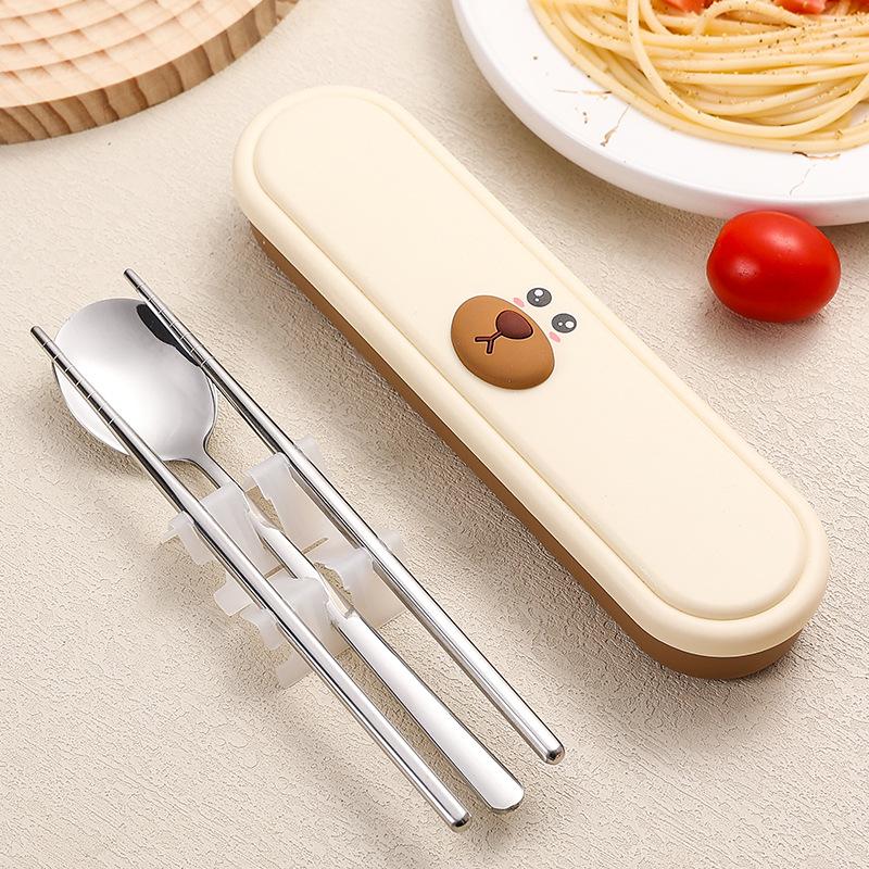 

Набор столовых приборов из нержавеющей стали Портативная вилка ложка палочки для еды с милой мультяшной коробкой с животными Дорожный набор столовой посуды
