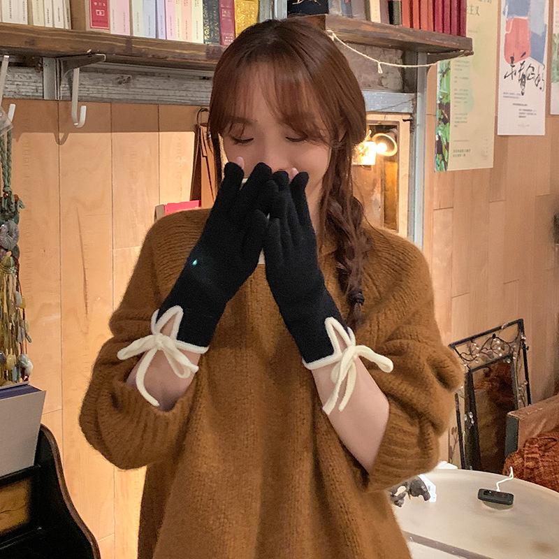

Bow Strap Wool Gloves Warm Finger Gloves Touch Screen Play Mobile Phone Riding Cold Gloves Korea one size fits all чёрный