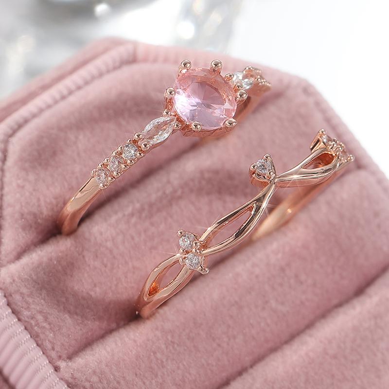 s/set Round Peach Pink Synthetic Zircon Engagement Ring Set Women's Rose Gold Elegant Ring Anniversary Jewelry