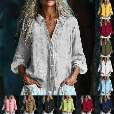Women's Fashionable And Casual Solid-color Long-sleeved Cotton And Linen Shirt Top