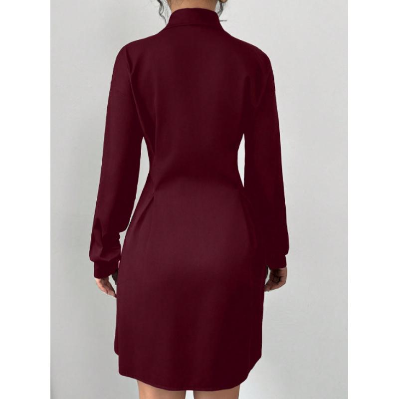 Women's Elegant Turn Down Collar Long Sleeve Knee-Length Button Down Shirt Dress Slim Waist Pleated Mini Dresses