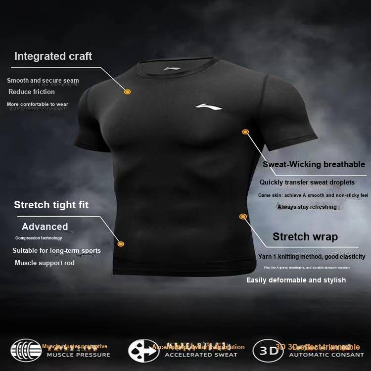 Li Ning Logo Print High Elastic Running Short Sleeve Fitness Shirt Men Tops Black YUDT059-1