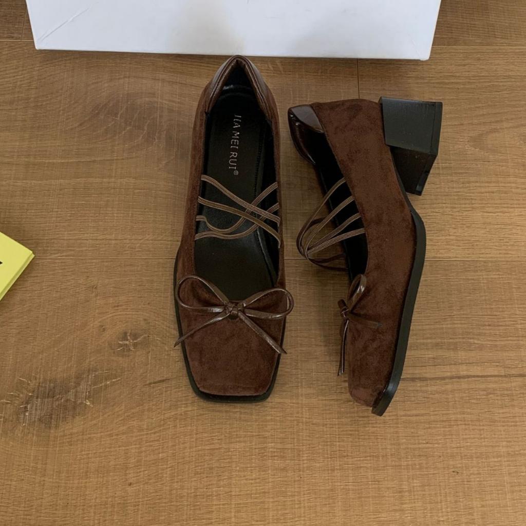 2025 French single shoes women's thick heels are beautiful and not tired of high heels ballet shoes retro bow Mary Jane shoes