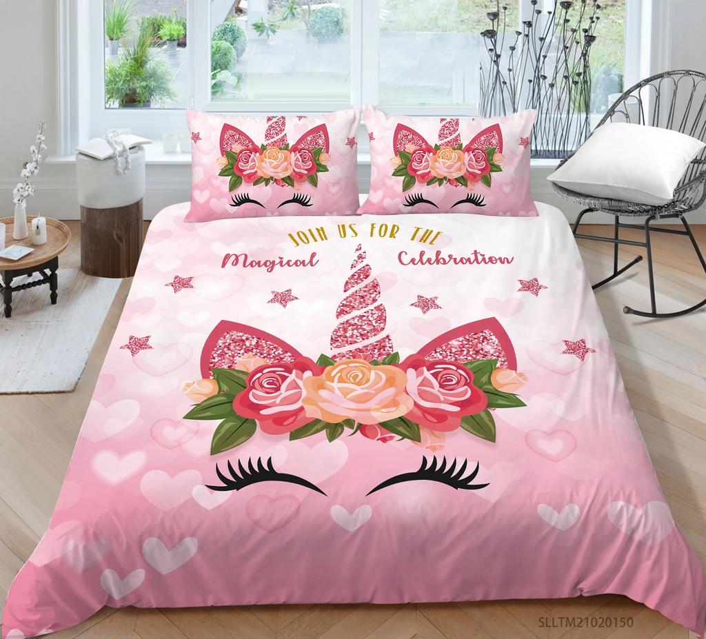 Rosa Einhorn Blumen Bettbezug Set King Queen Doppelgröße Polyester Bettdeckenbezug mit Kissenbezug für Kinder Mädchen Bettwäsche Set