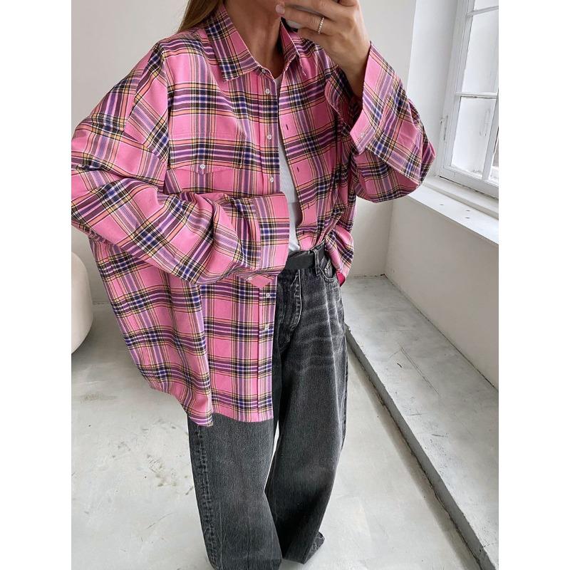

Розовые рубашки и топы в клетку, женская уличная одежда, повседневный топ в клетку с длинными рукавами, однобортная рубашка большого размера, женская S розовый