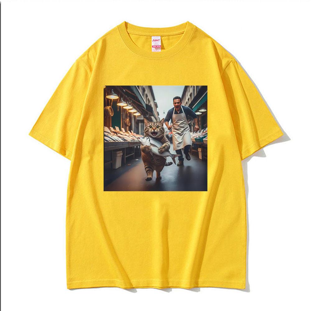 Funny Cat Stealing Fish Print Tshirts Unisex Women Clothing Vintage Casual Oversized High Quality T Shirt Short Sleeves Summer Tee