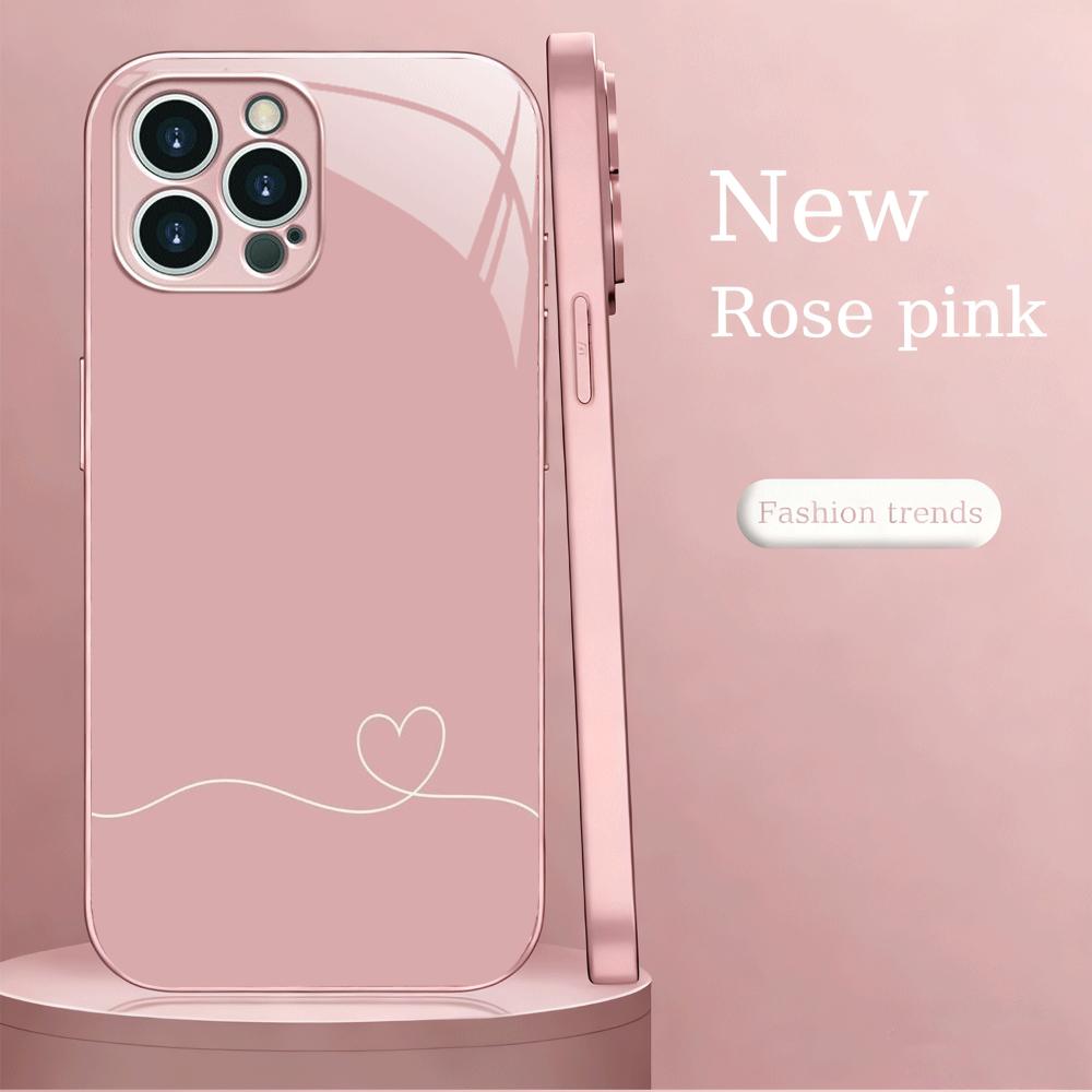 Pink Lined Minimalist Glass Phone Case Suitable for iPhone 17 16 15 14 13 12 11 Pro/Max/Plus Anti Drop and Shockproof