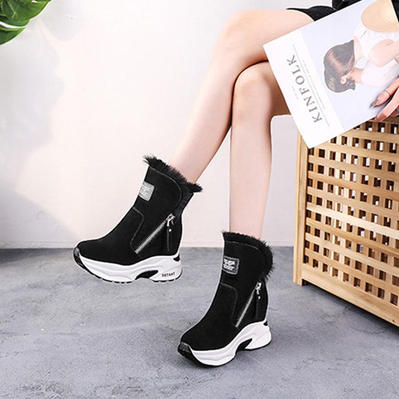 Зимняя обувь 2025 Женские сноубутсы Натуральная кожа Увеличение высоты 8,5 см Женские ботильоны на платформе Теплый плюш Черный Бежевый 39 чёрный