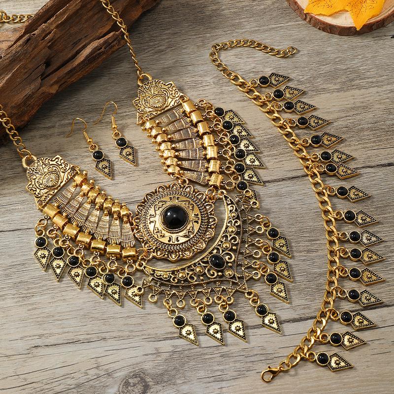 New 3-Piece Set Ethnic Retro Tassel Jewelry Set Sweater Chain Collar Chain Necklace Earrings Bracelet for Women