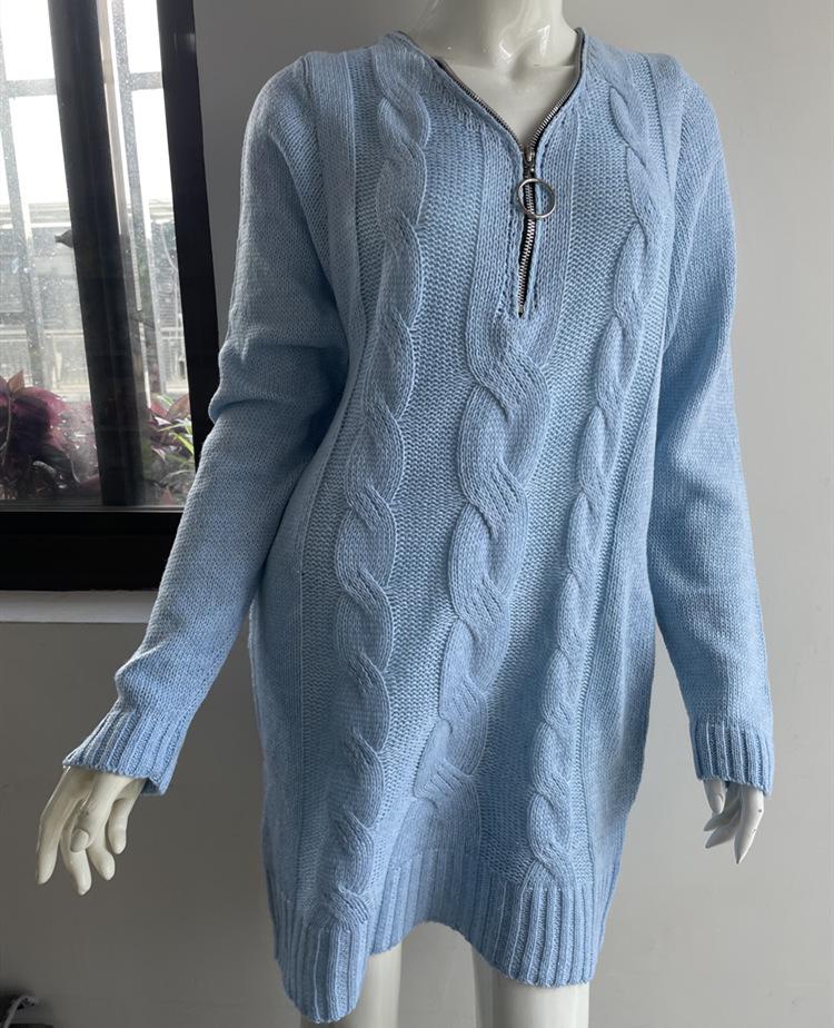 V-Neck Zipper Knit Cardigan Dress: Mid-Length Long Sleeve Women's Fashion