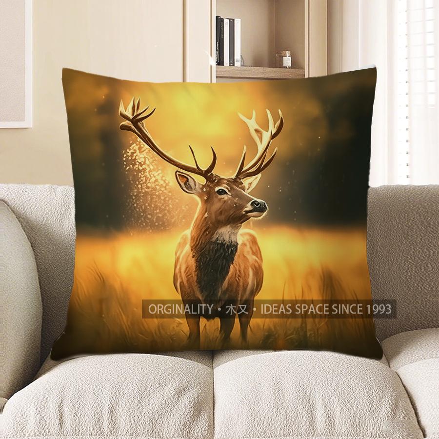 Home Decor Deer In Golden Glow: Nature-Printed Pillow Cover Pattern Cushion Cover Suitable For Sofa Bedroom Car Pillow Cover