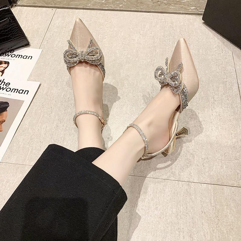 New Mesh Red Rhinestone Bow High -Heeled Shoes Women 'S Thin Heel Pointed Head Strap Design Sense Of Minority Temperament