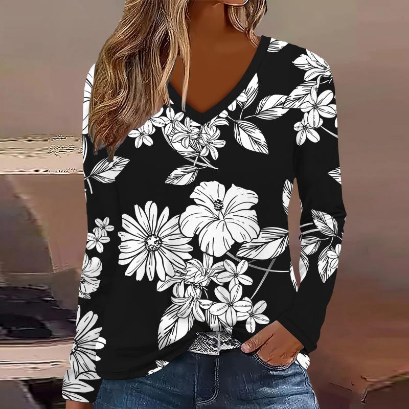 Fashion Flower pattern 3D Print Women V-Neck Long Sleeve T-Shirt S
