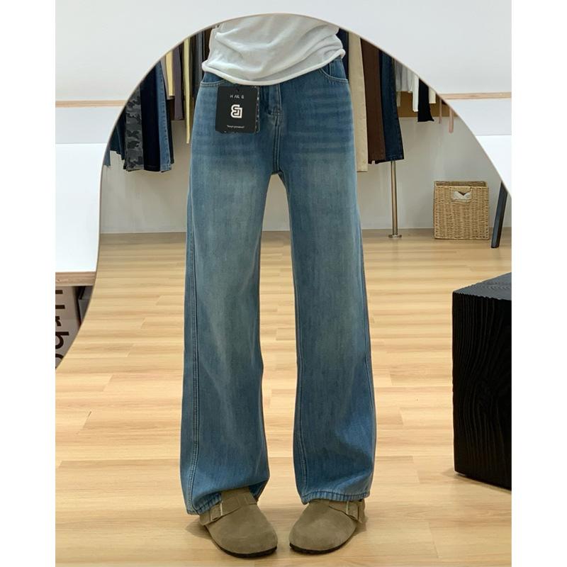 Fleece straight jeans women's autumn and winter, new high-waisted and thin pear-shaped narrow wide-leg pants