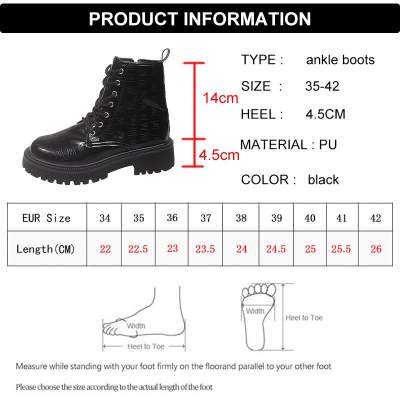 Fashion Patent Leather Thick Sole Ankle Boots Women Fashion Lace Up Zipper Black Platform Boots Woman Comfy Plus Size Motorcycle Shoes