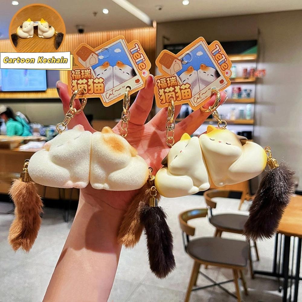 Pom Accessories Couple Cat Key Chain Cartoon Mink Fur Cat Keyring Long Tail Cat Pendant  Car Decor